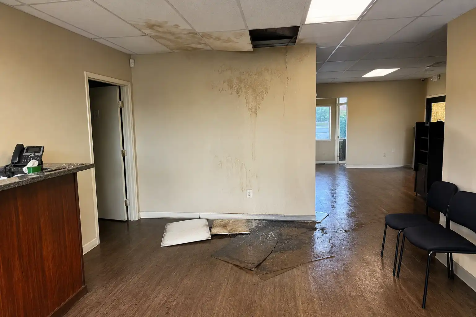 Damaged commercial interior, out of service