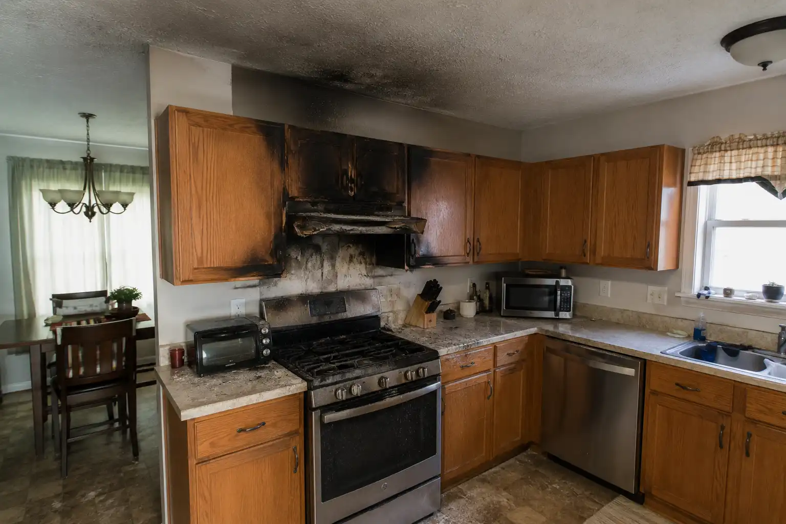 Room with soot and smoke damage after a fire